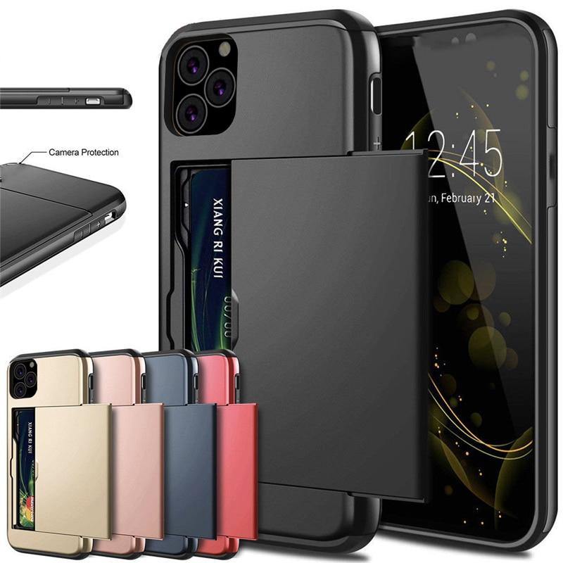 For iPhone 11 Pro Max XS X XR Case Slide Armor Wallet Card Slots Holder Cover For IPhone 7 8 6 6s Plus 5 5s TPU Shockproof Shell - MY STORE LIVING