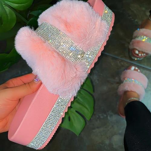 Women's Rhinestone Faux Fur Slippers Platform Flat Shoes Flip Flops Sandals - MY STORE LIVING