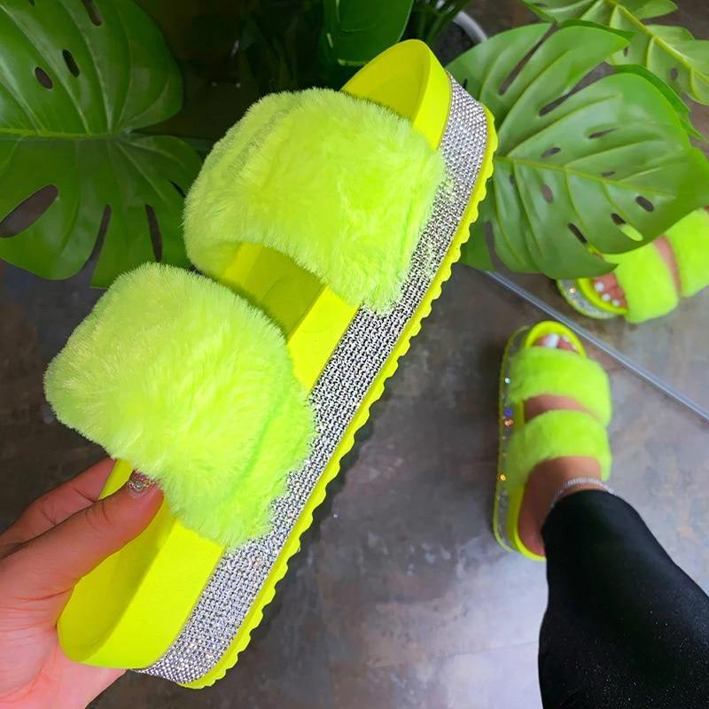 Women's Rhinestone Faux Fur Slippers Platform Flat Shoes Flip Flops Sandals - MY STORE LIVING