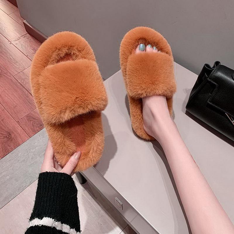 Women's Rhinestone Faux Fur Slippers Platform Flat Shoes Flip Flops Sandals - MY STORE LIVING