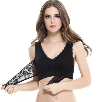 Plus Size Lingerie Lace Solid Color Cross Side Buckle Without Rims Gathered Sports Underwear Sleep Bra - MY STORE LIVING