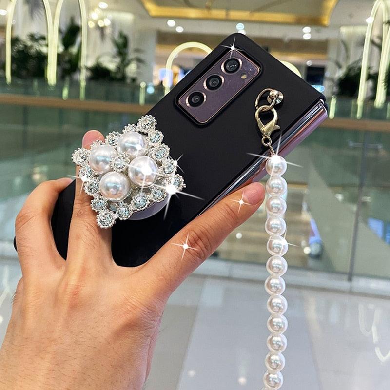 Franch Style Bling Diamond Rhinestone Stand Holder Case Cover With Pearl Hand Chain - MyStoreLiving