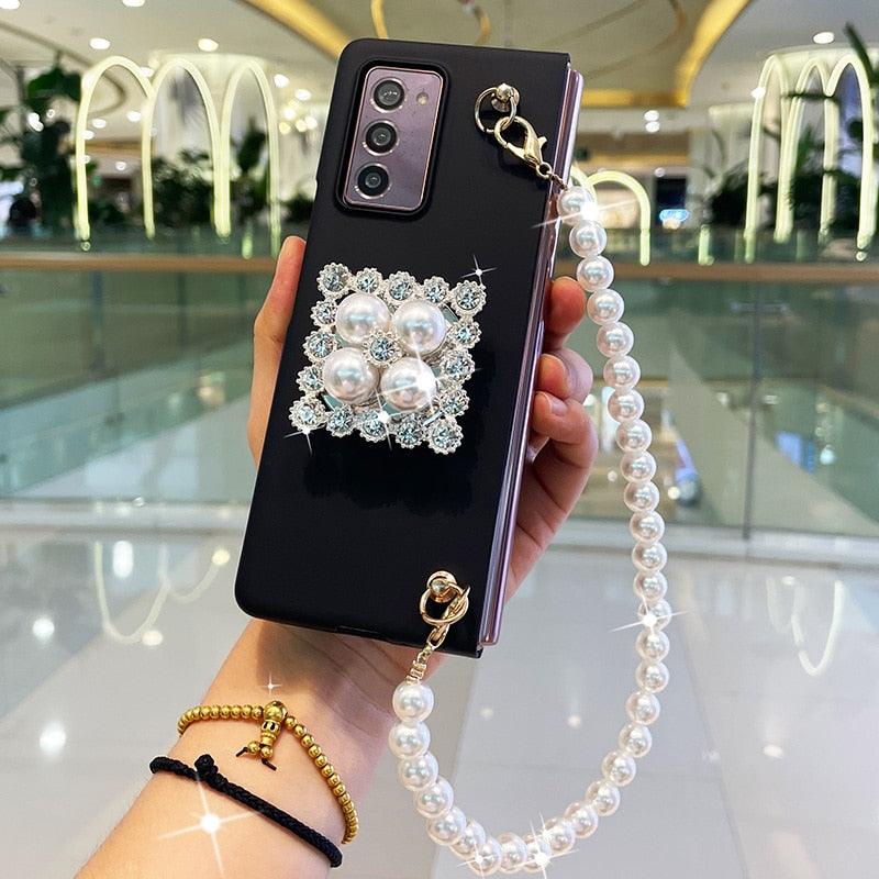 Franch Style Bling Diamond Rhinestone Stand Holder Case Cover With Pearl Hand Chain - MyStoreLiving