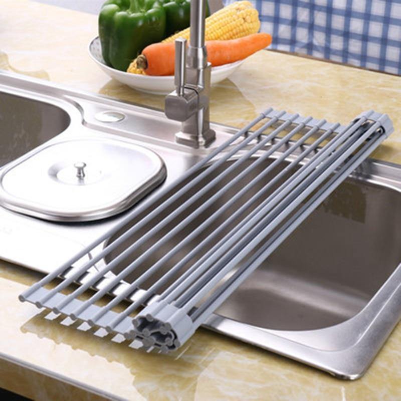 Disk drying rolling rack - Kitchen Dish Drying Rack Over Sink Roll-up Dry Drainers Stainless Steel Foldable - MY STORE LIVING