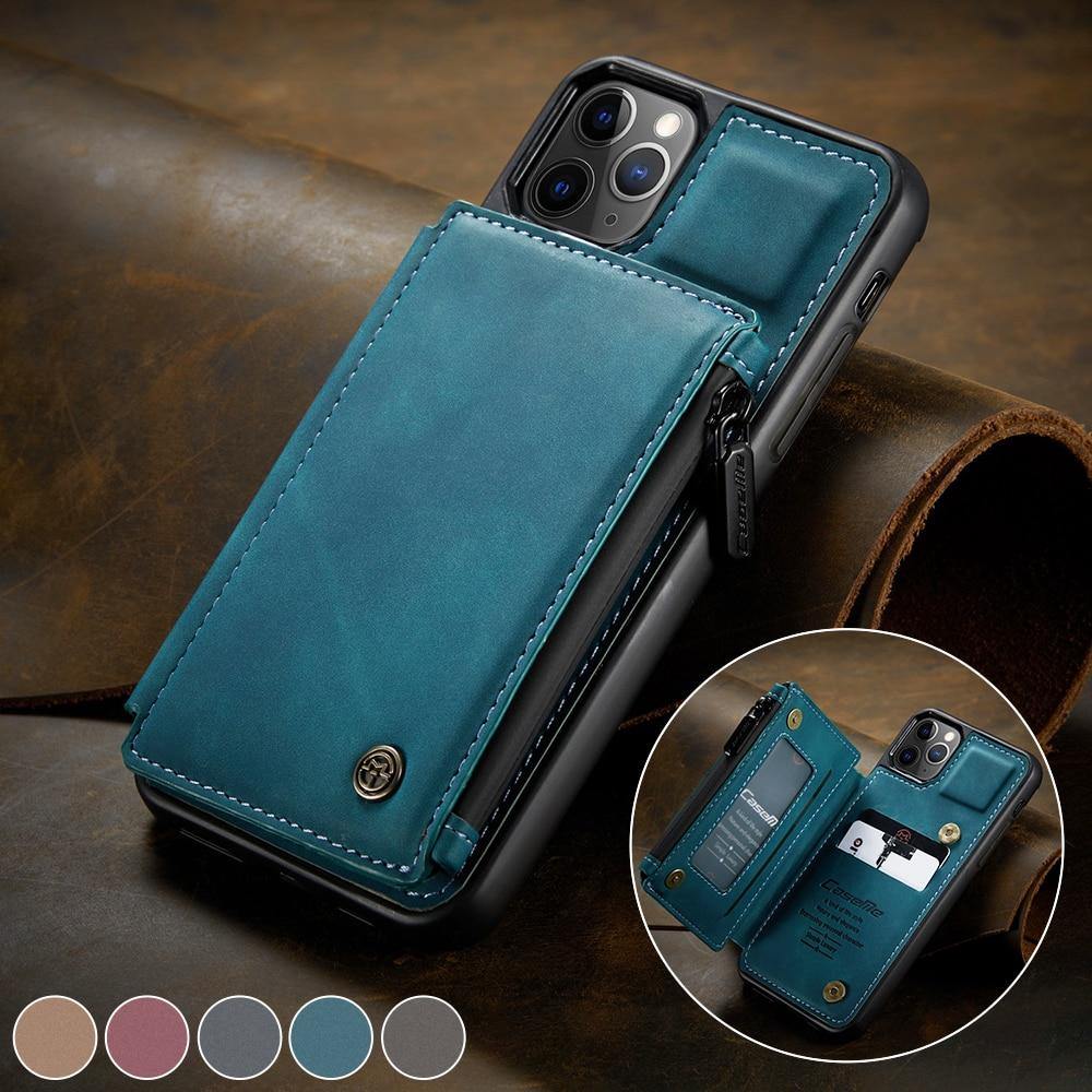 CaseMe Retro Leather Back Case For iPhone 12 11 Pro Max Wallet Card Slot For iPhone SE 12 mini 11 X S XR 7 8 Zipper Back Cover - MY STORE LIVING