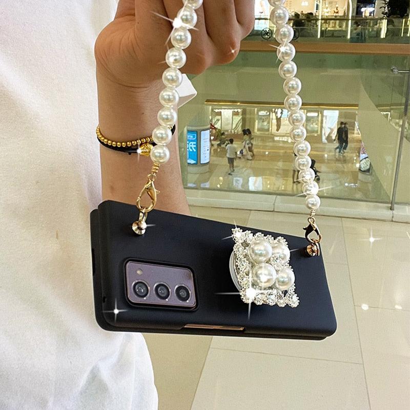 Franch Style Bling Diamond Rhinestone Stand Holder Case Cover With Pearl Hand Chain - MyStoreLiving