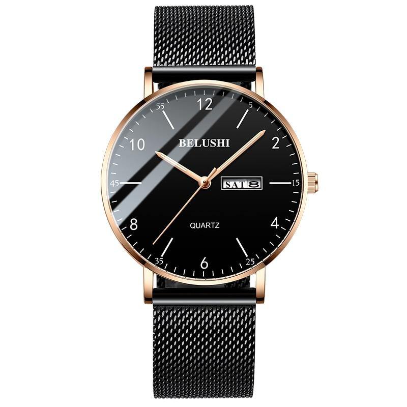 Men Watch Ultra Slim Steel Mesh Quartz Wristwatch Dual Calendar Simple Black Clock - MY STORE LIVING