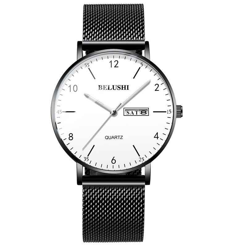 Men Watch Ultra Slim Steel Mesh Quartz Wristwatch Dual Calendar Simple Black Clock - MY STORE LIVING