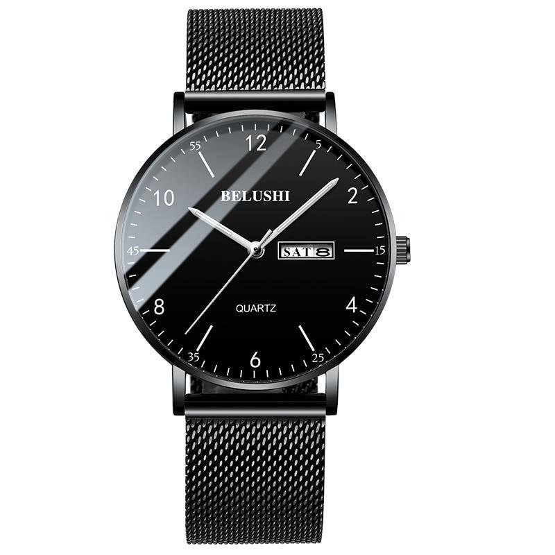 Men Watch Ultra Slim Steel Mesh Quartz Wristwatch Dual Calendar Simple Black Clock - MY STORE LIVING