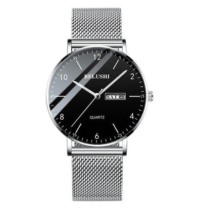 Men Watch Ultra Slim Steel Mesh Quartz Wristwatch Dual Calendar Simple Black Clock - MY STORE LIVING