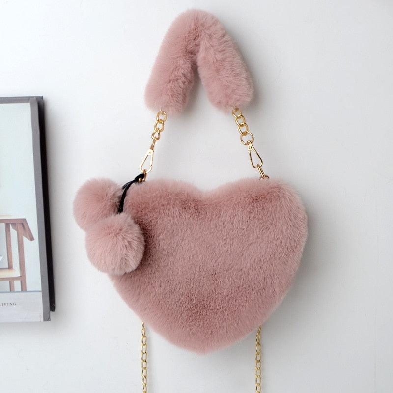 Soft Warm Faux Fur Handbag Fuzzy Crossbody Bag Heart Shape Soft Plush Purse - MyStoreLiving