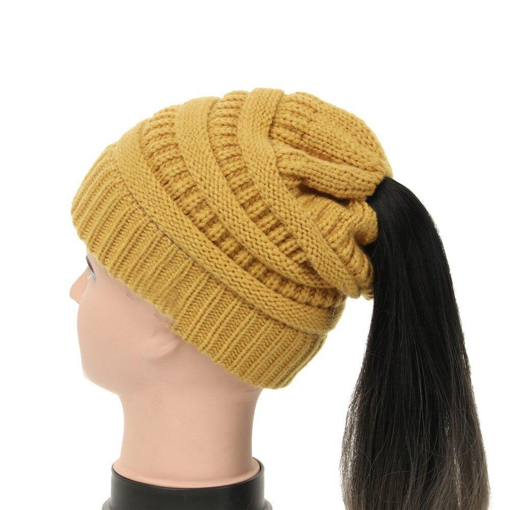 Horsetail hat Winter warm Branded Female cap hat For Women's foldable Knitted - MY STORE LIVING