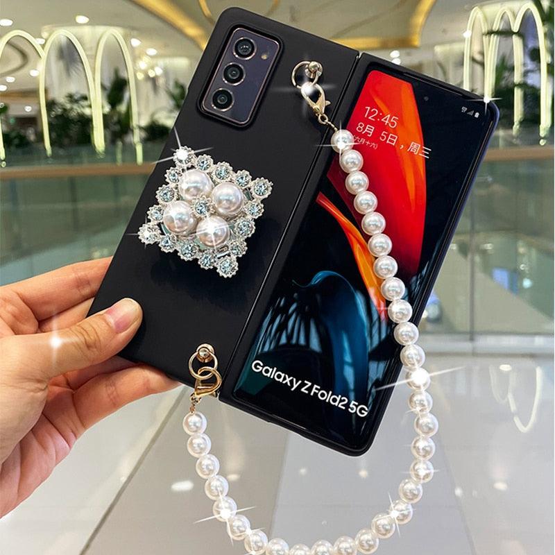 Franch Style Bling Diamond Rhinestone Stand Holder Case Cover With Pearl Hand Chain - MyStoreLiving