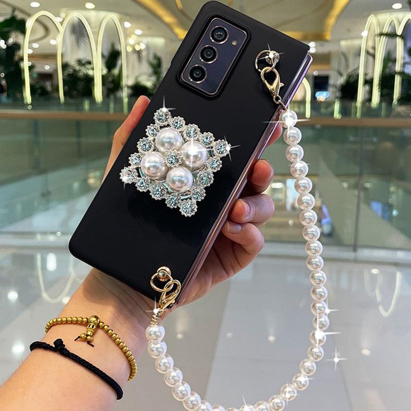 Franch Style Bling Diamond Rhinestone Stand Holder Case Cover With Pearl Hand Chain - MyStoreLiving