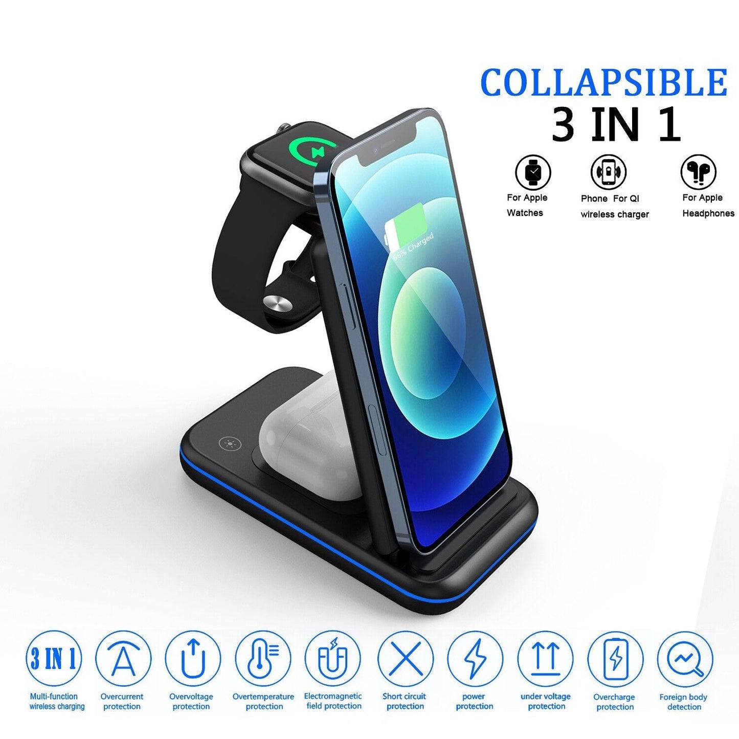 3 in 1 Foldable Wireless Charger, 15W Fast Charging Station Stand Power Adapter Included - MyStoreLiving