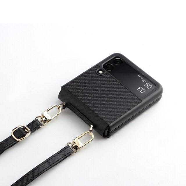 Case Cover For Samsung Galaxy Z Flip 3 5G Carbon Fiber Leather With Lanyard - MyStoreLiving